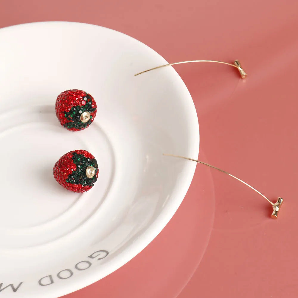 Red strawberry geometry earrings for women with zinc alloy construction