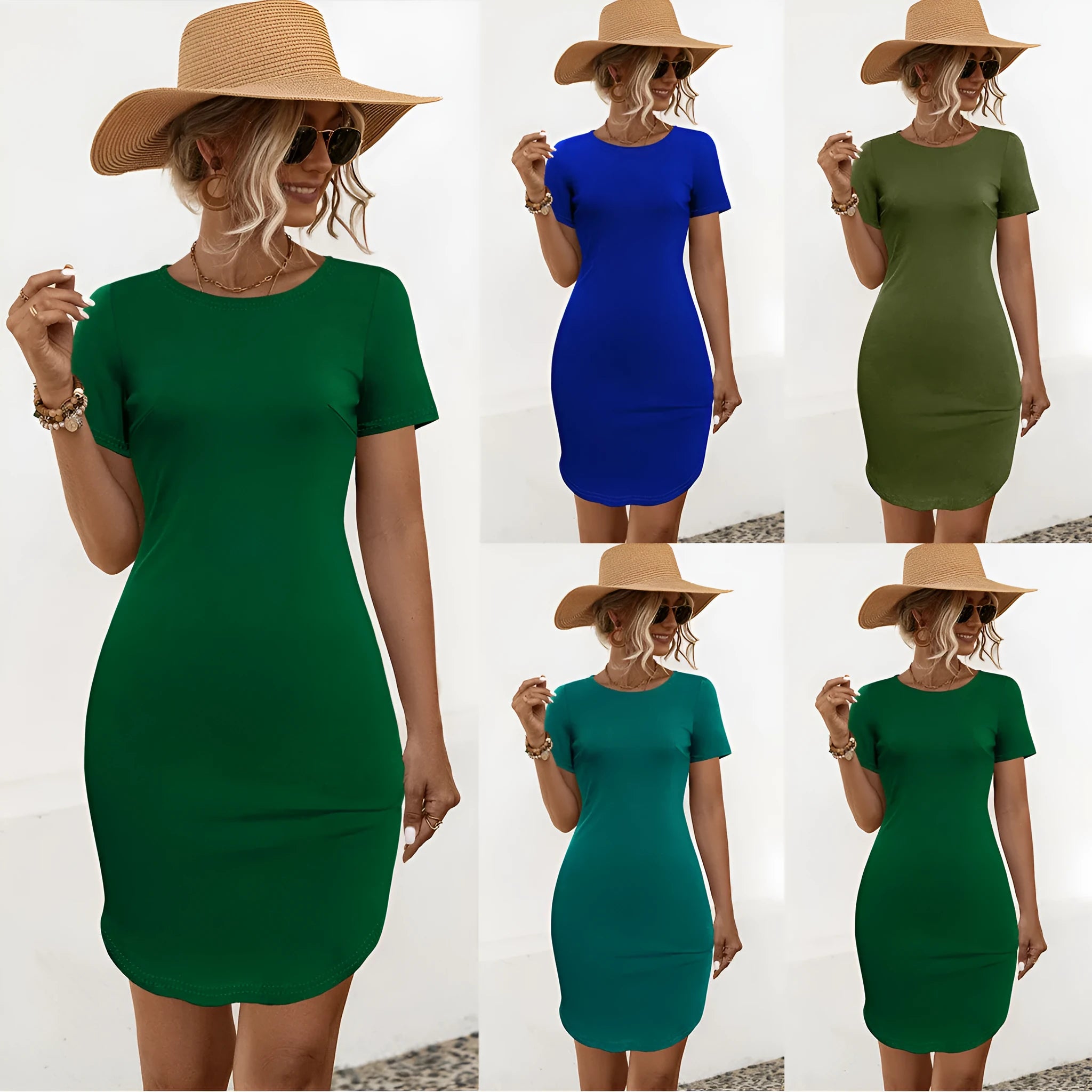 Women's U-neck slim fit dress with side split in cotton blend fabric, available in green and blue colour options