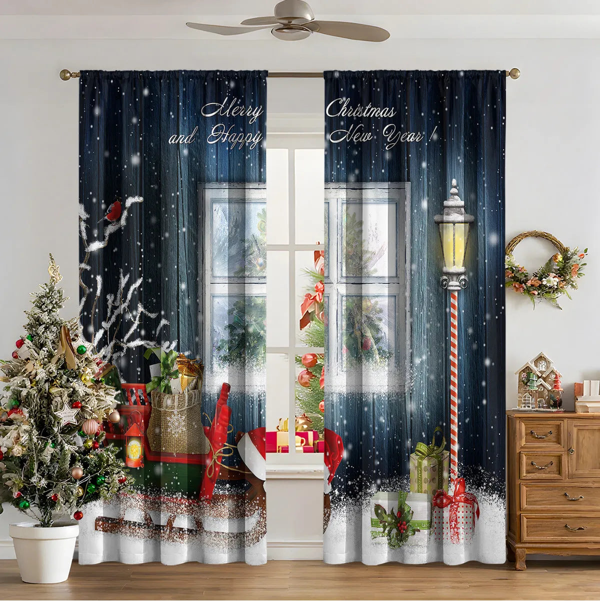 Pair of 3D digitally printed Christmas curtains with a European pattern on polyester fabric.