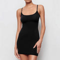 Black slim-fit sheath dress with sling straps and sleeveless design