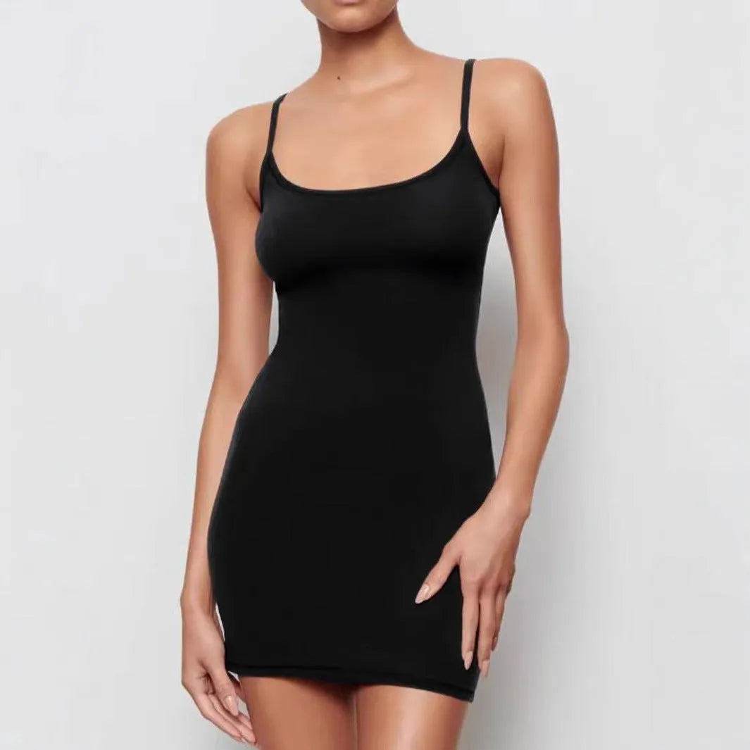 Black slim-fit sheath dress with sling straps and sleeveless design