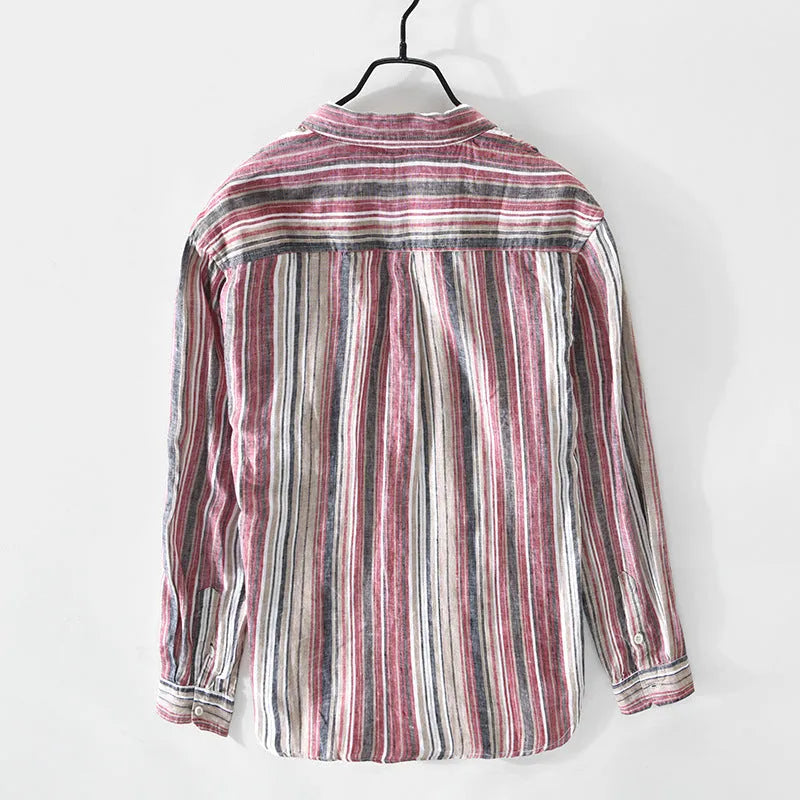 Men's loose fit linen striped shirt with long sleeves in red or grey colour options.