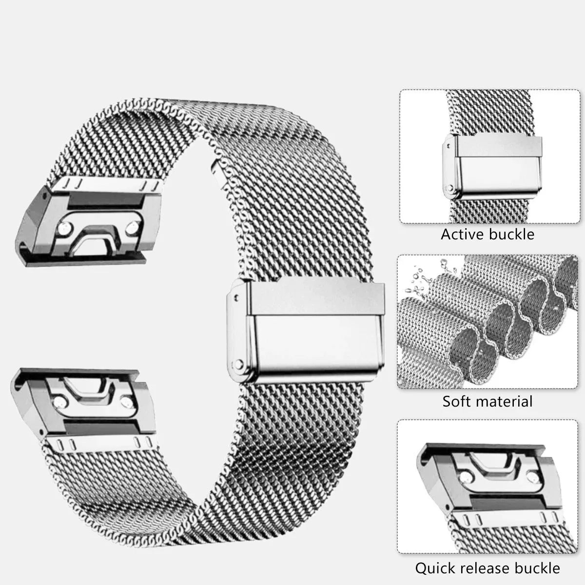 Stainless steel card-style replacement strap for Garmin Fenix 7 and Fenix 6 smartwatches in silver colour