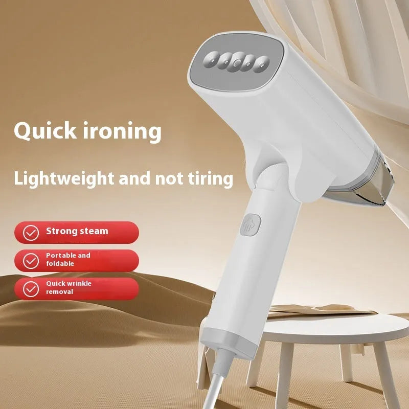 Blue and white handheld garment steamer with water tank and temperature control