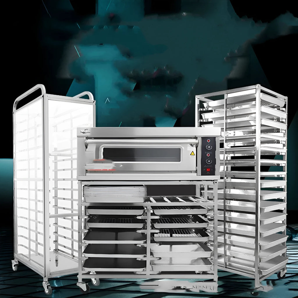 Six-layer stainless steel cake cooling rack with large rectangular tray and locking mechanism.