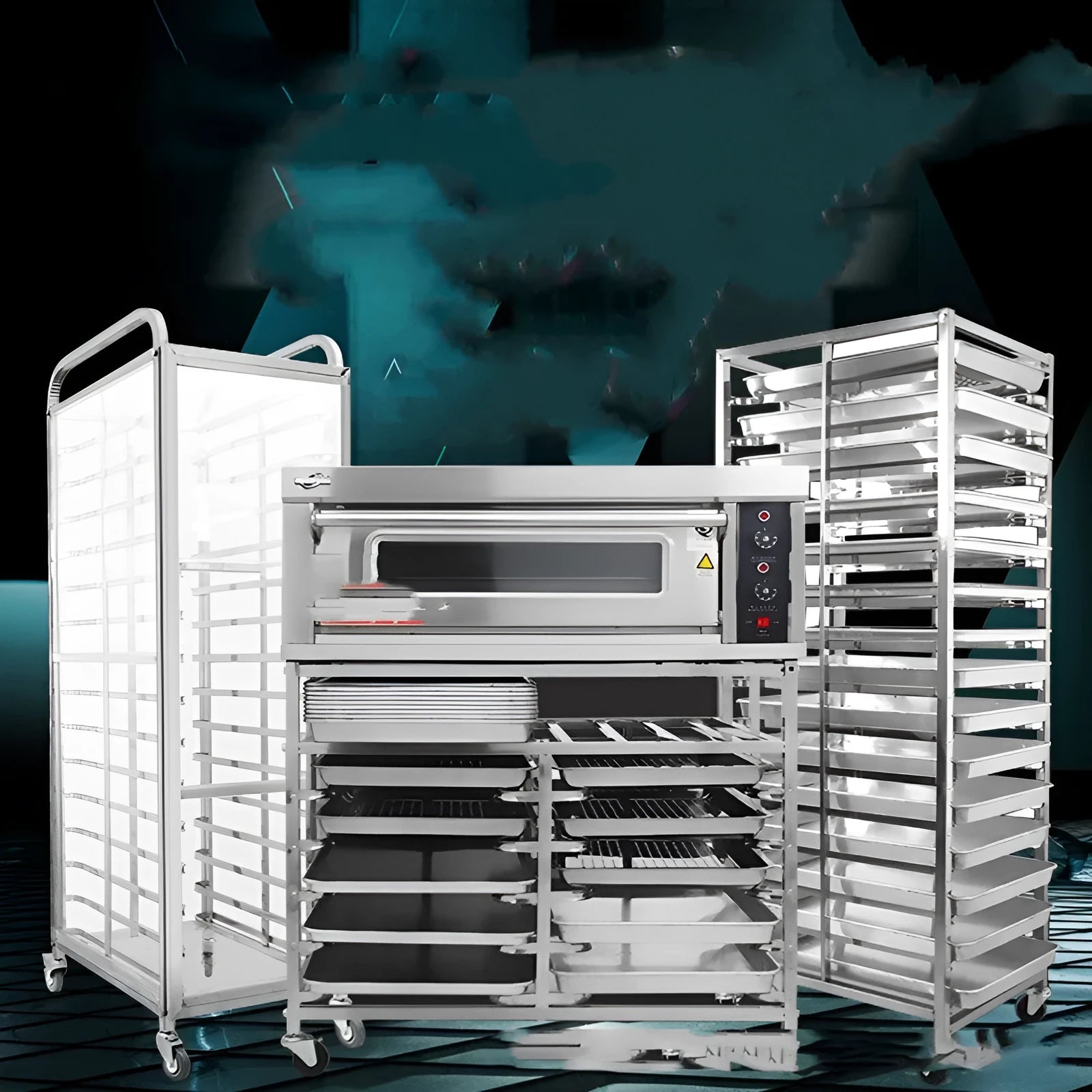 Six-layer stainless steel cake cooling rack with large rectangular tray and locking mechanism.