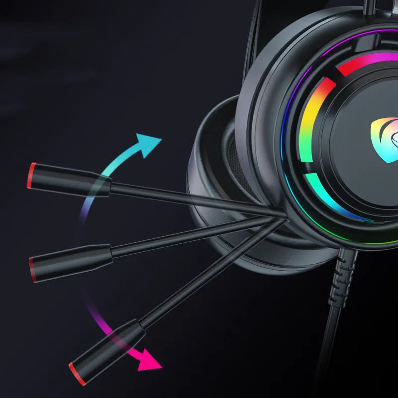 Black wired computer gaming headset with microphone showing over-ear design and dual plug options