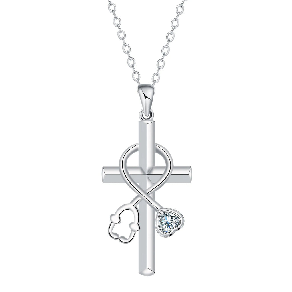 Silver-coloured women's necklace with a pendant shaped as a cross combined with a stethoscope.