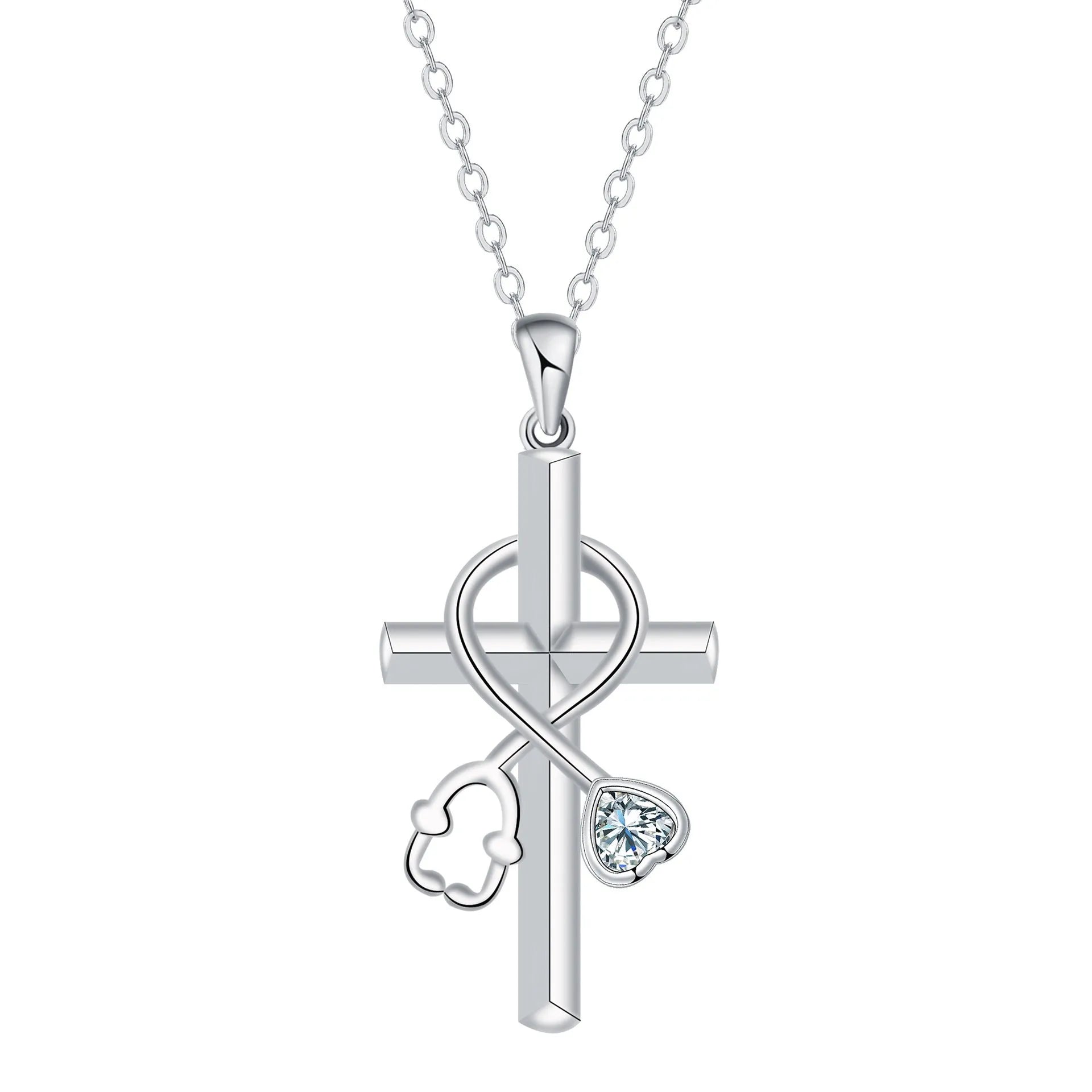 Silver-coloured women's necklace with a pendant shaped as a cross combined with a stethoscope.
