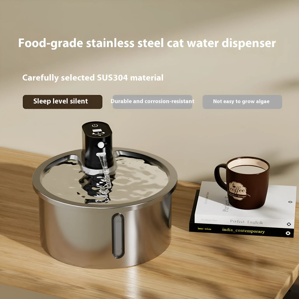 Stainless steel heated pet water fountain with white control base on a wooden floor.