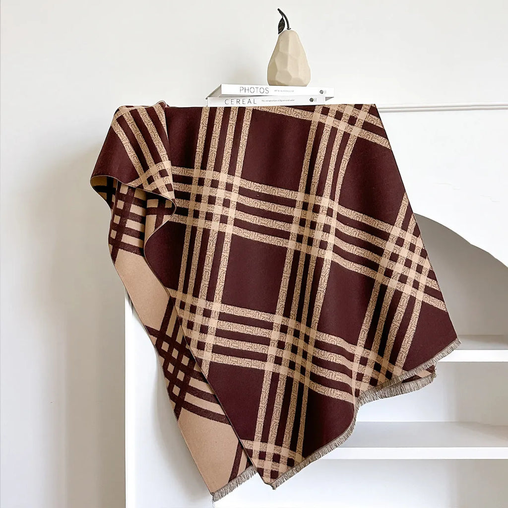 Long brown imitation cashmere scarf with tassel ends laid flat showing its full 185cm length.