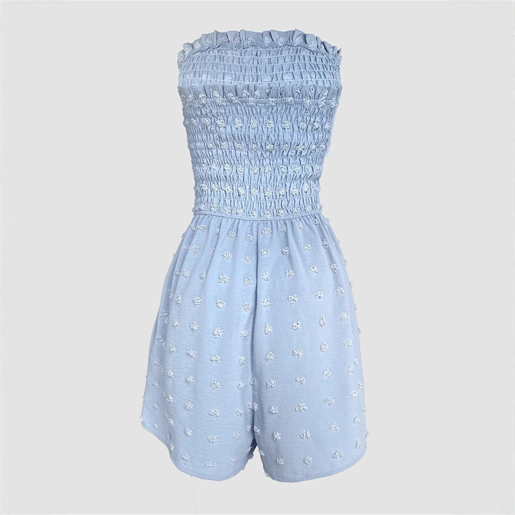 Women's solid colour off-shoulder sleeveless jumpsuit in a casual style on a hanger.