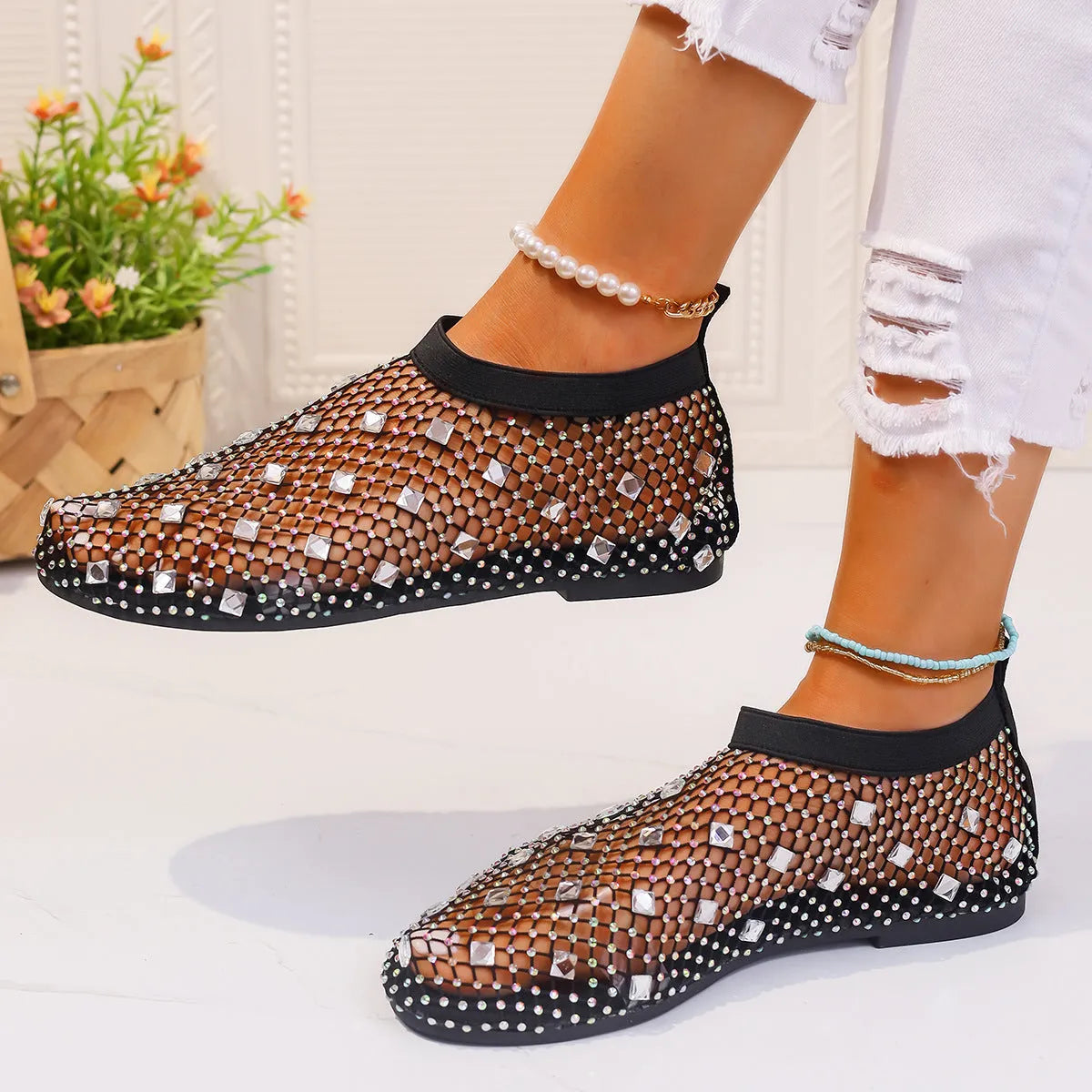 Women's colourful mesh flat sandals with rhinestone decoration and round toe design