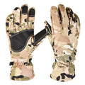 Tactical ski gloves with touchscreen fingertips in camouflage colour on a winter background