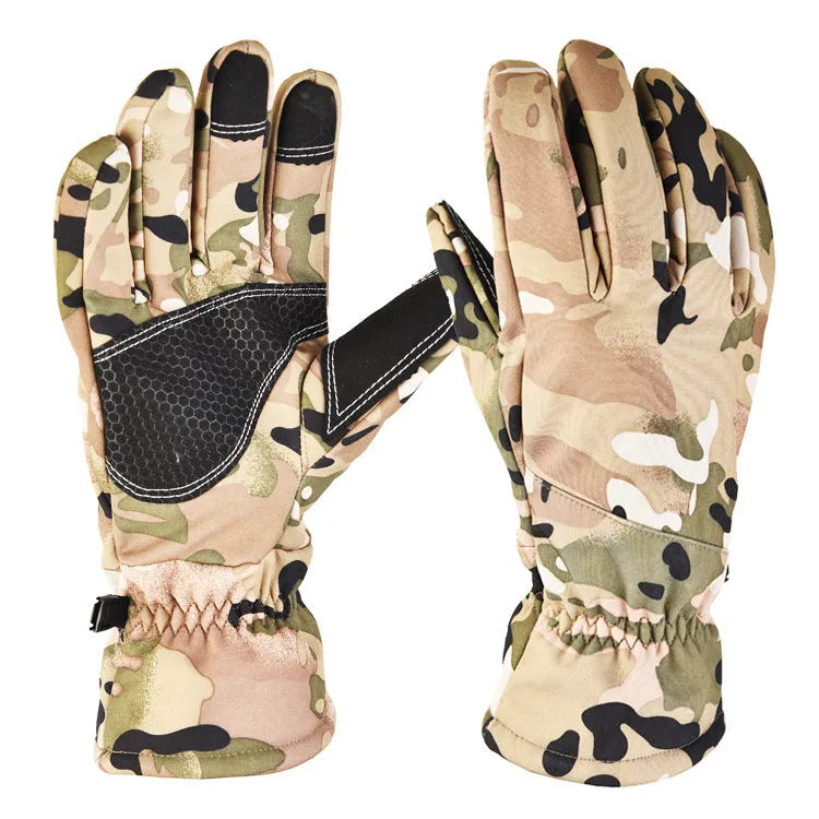 Tactical ski gloves with touchscreen fingertips in camouflage colour on a winter background