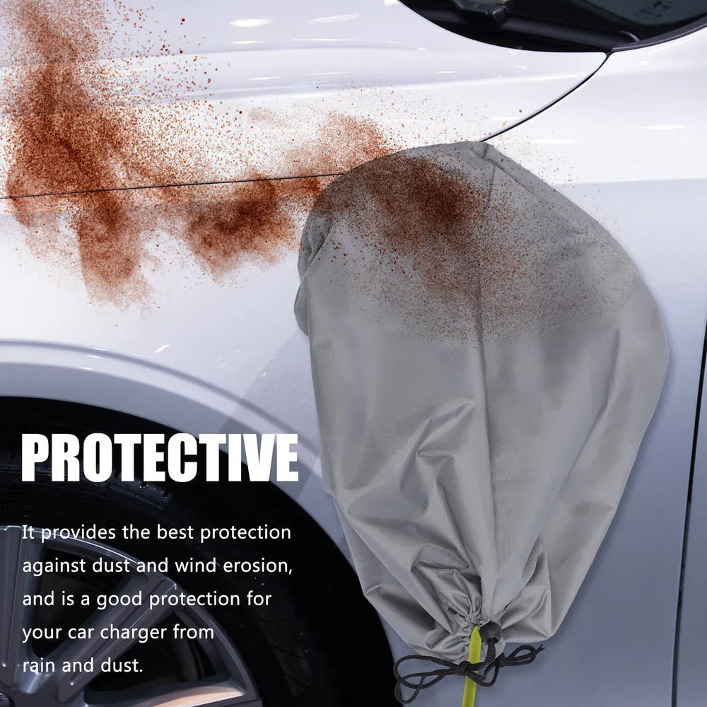 Grey waterproof drawstring cover for electric vehicle charging port.