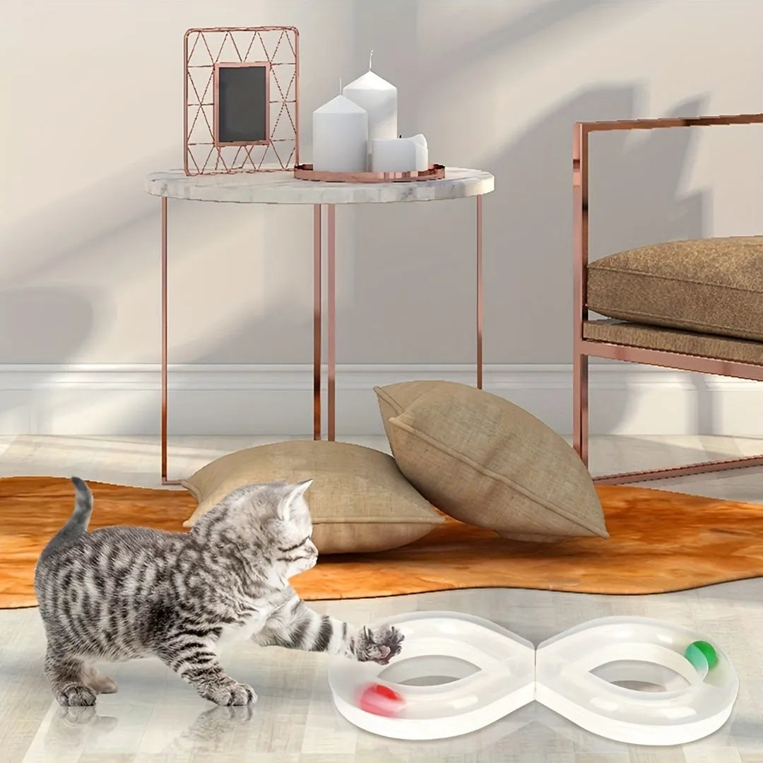Blue and white cat turntable track toy with self-hi motion system and teasing wand