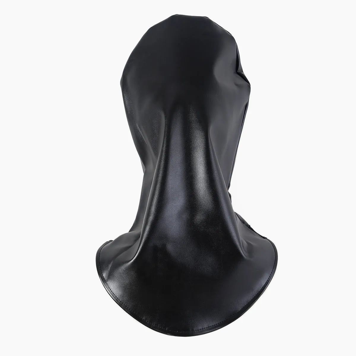 Black leather adult training mask headgear prop on a plain background