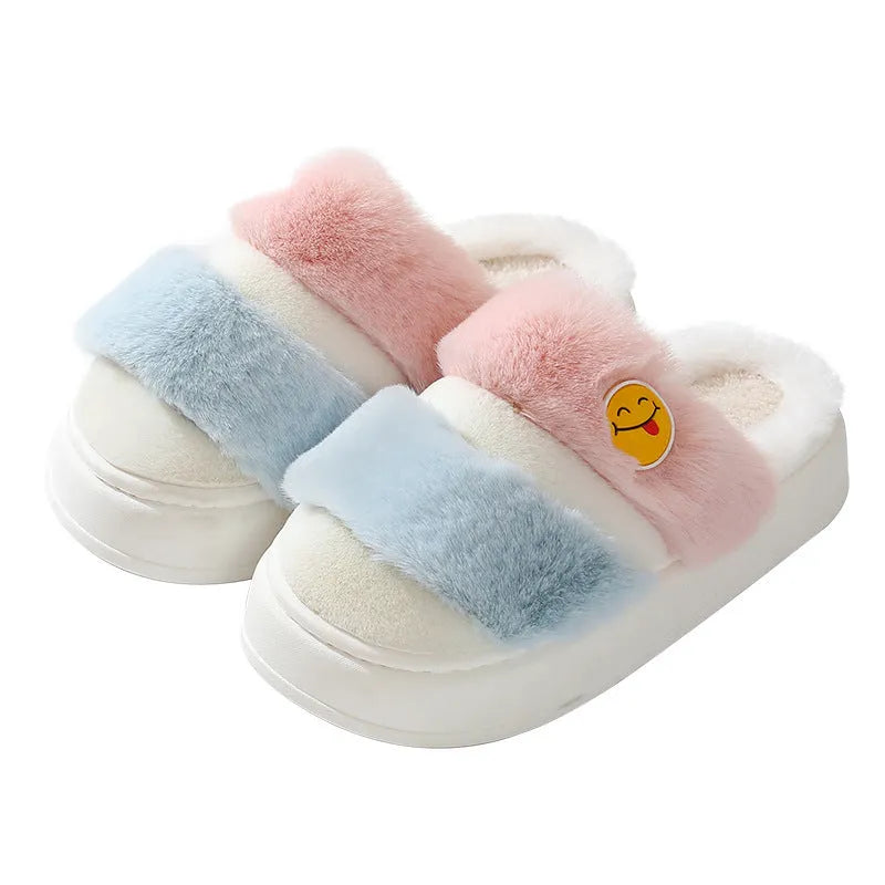 Thermal cotton slippers with plush upper in pink green colour matching, cashmere lining, and non-slip sole