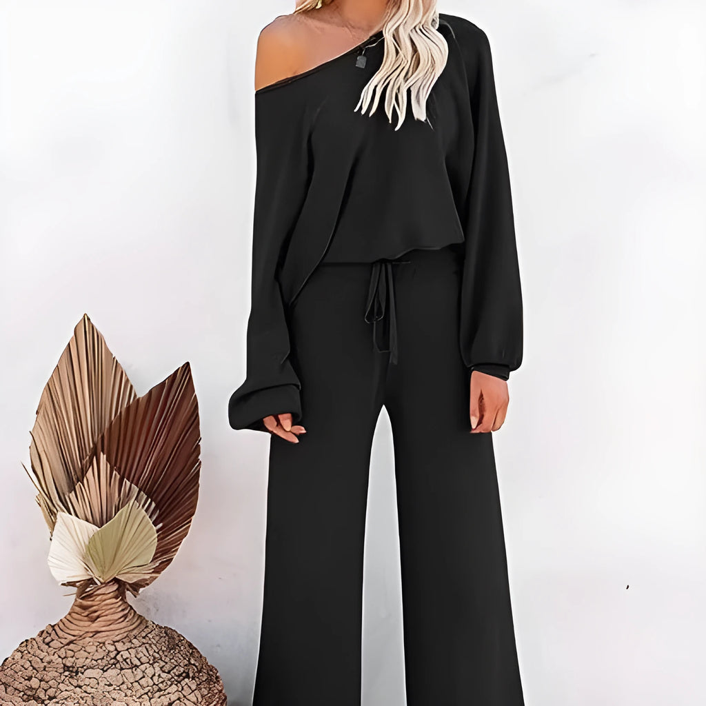 Women's casual solid colour two-piece set, long-sleeved top and trousers, polyester, beaded detail, in apricot colour