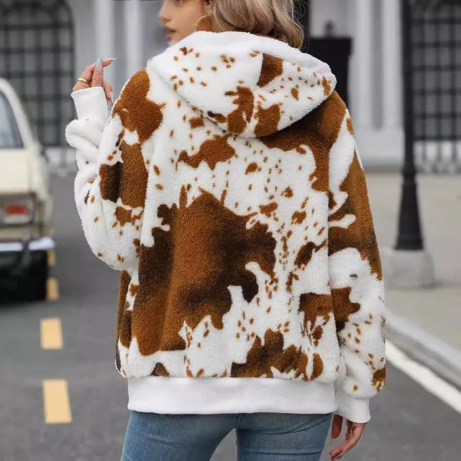 Yellow brown cow animal pattern printed cardigan jacket with hood and zip closure