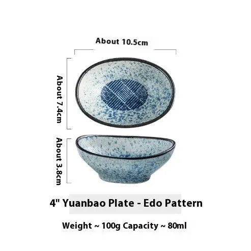 Oval Japanese ceramic sauce dipping bowl with traditional Edo pattern design