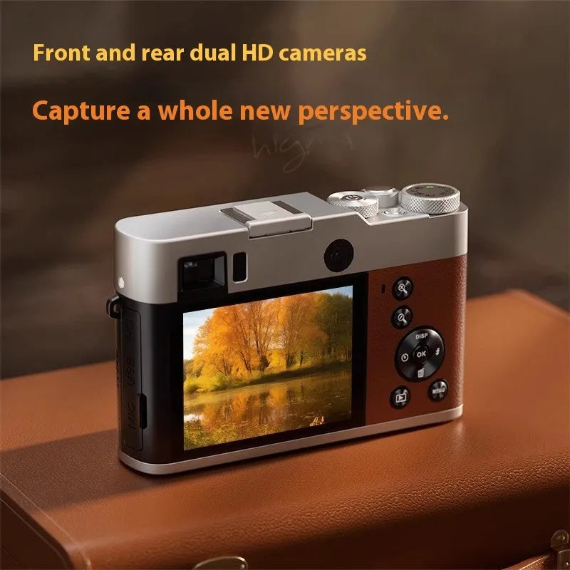 Black or brown 5K HD digital camera with front and rear lenses, optical viewfinder, and 2.88-inch screen.
