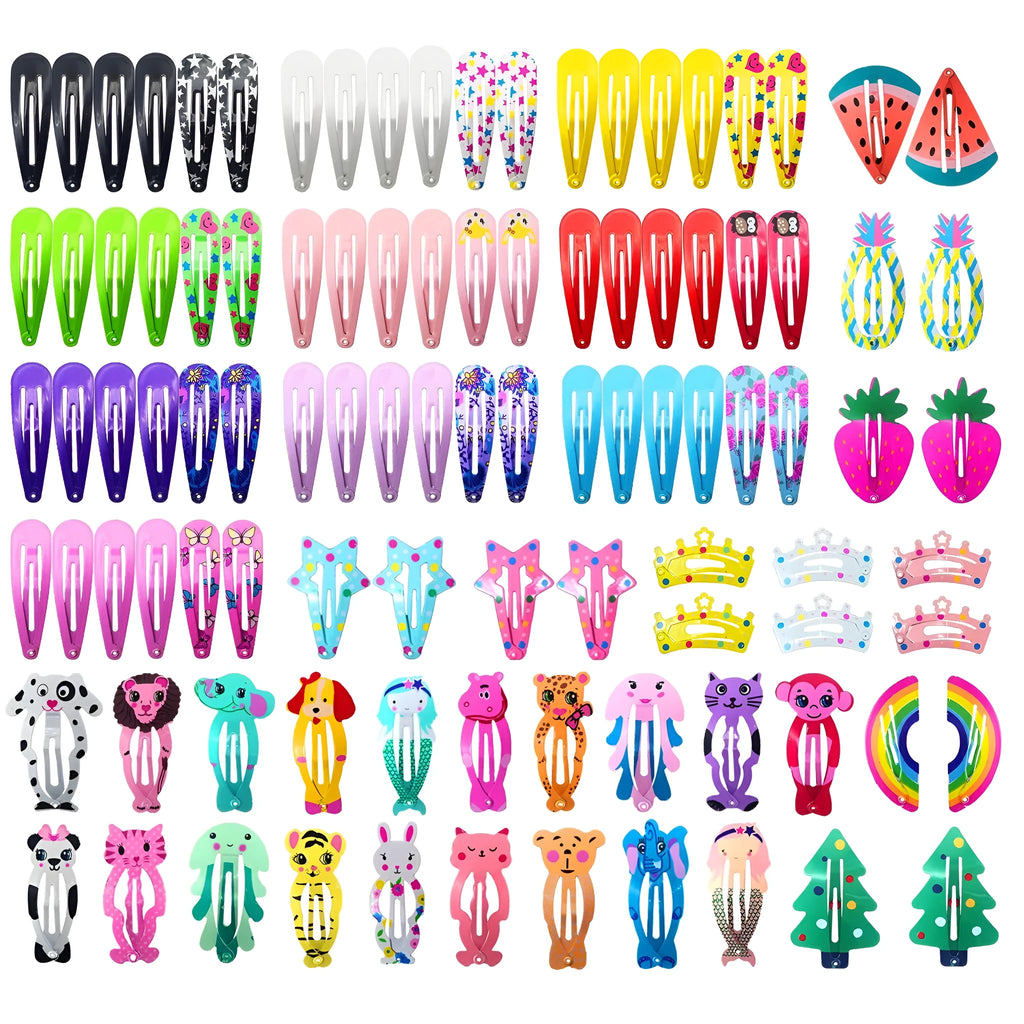 100 piece metal snap hair clip set showing animal, fruit, crown, star and flower designs in bright colours
