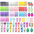100 piece metal snap hair clip set showing animal, fruit, crown, star and flower designs in bright colours