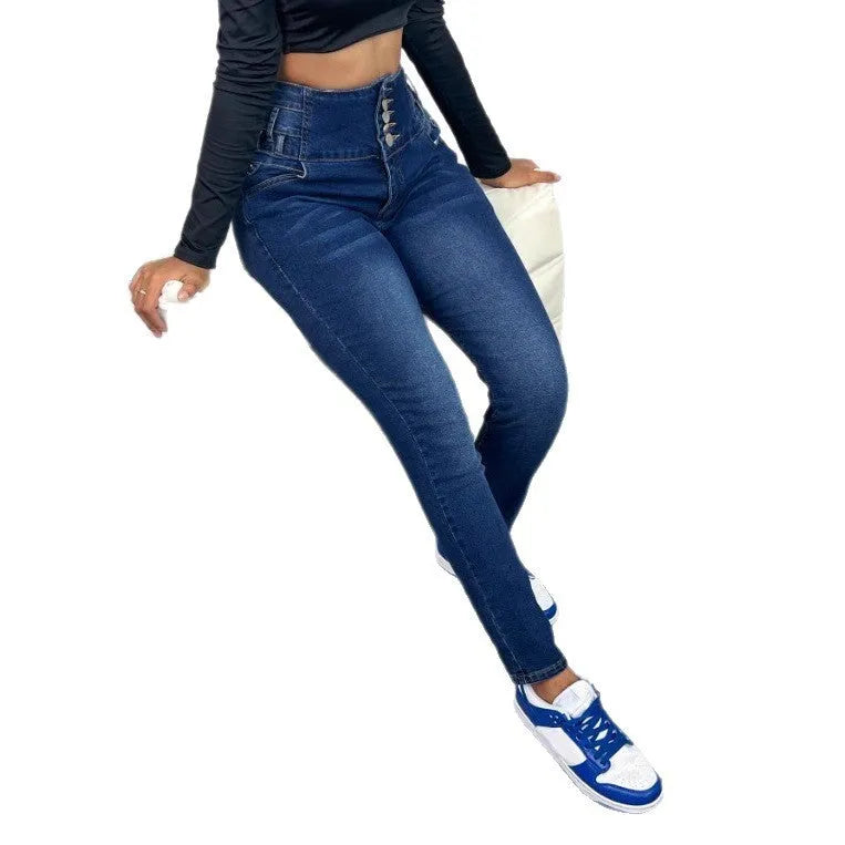 Dark blue women's straight-leg cotton denim jeans with button and zip front.