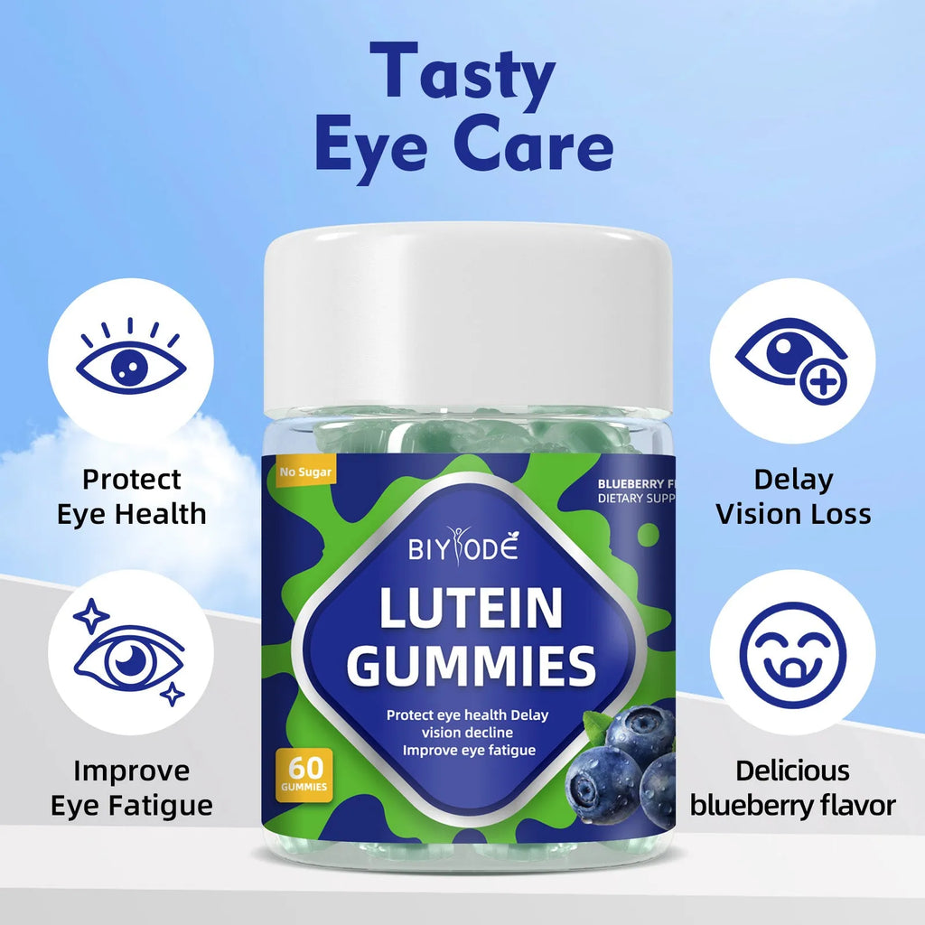 Wholesale bottle of 60 lutein gummies for eye health support with vitamins A, C, and E