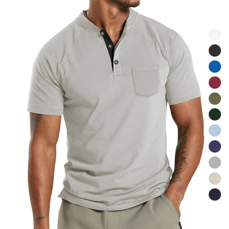 Men's plus size solid colour short sleeve shirt with a button pocket in light grey.