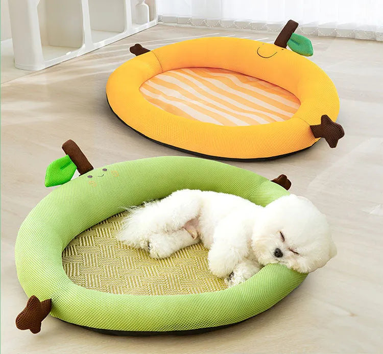 Fruit patterned pet nest with bear decoration and backrest in green or yellow colour