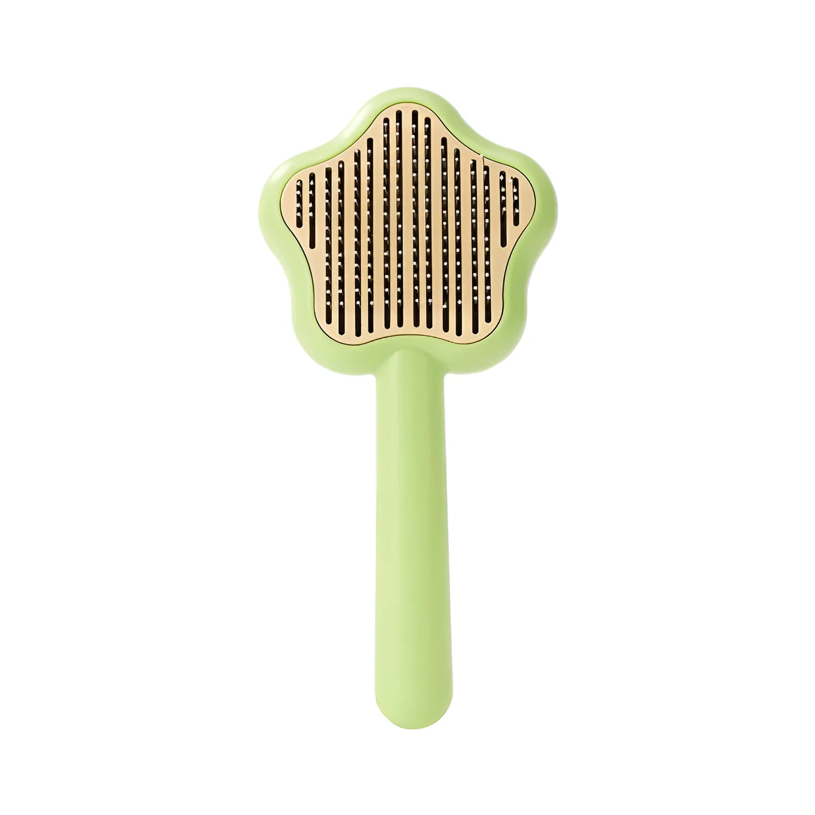 Green stainless steel cat grooming comb with self-cleaning mechanism and four rows of needles