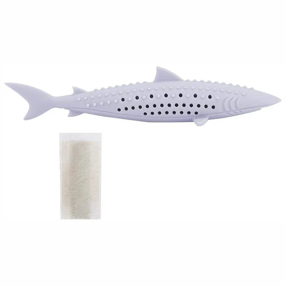 Silicone fish-shaped cat chew toy with side holes for catnip scent release in green colour