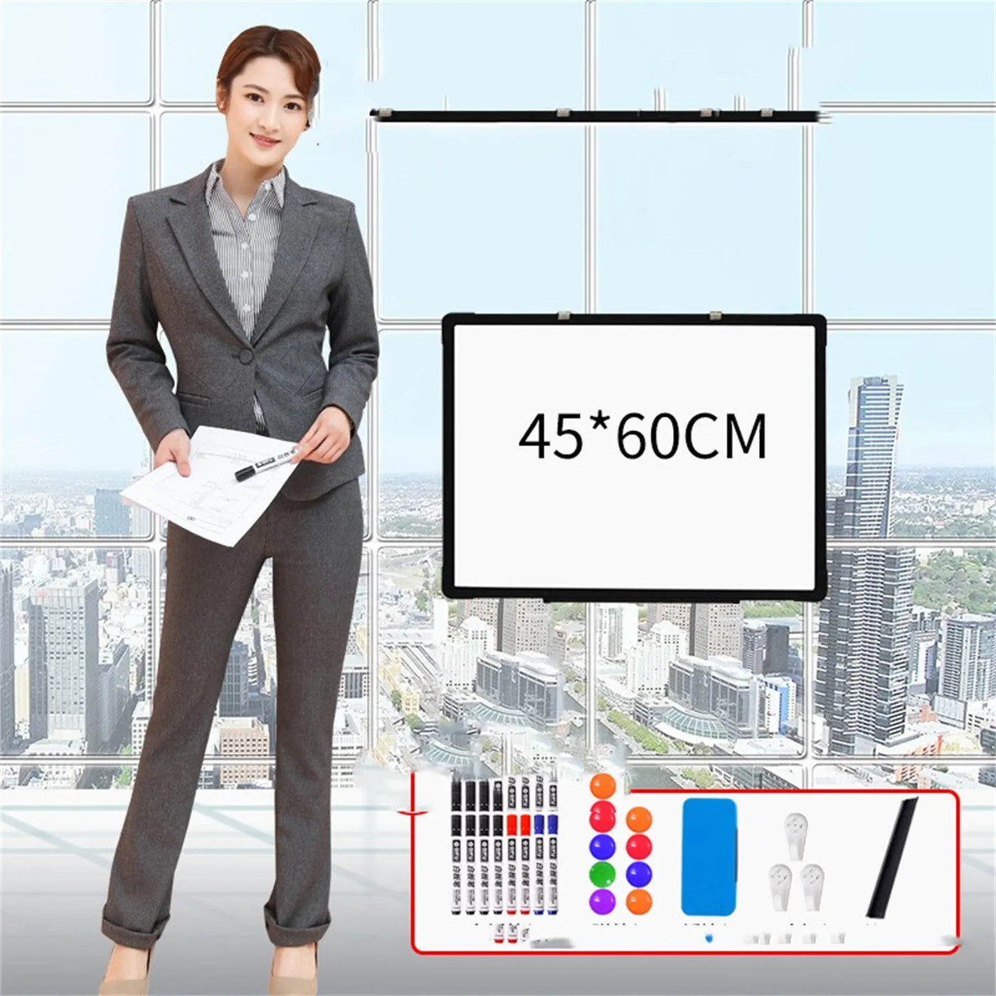 45x60cm hanging whiteboard with black frame, whiteboard pens, magnetic particles, eraser, and pen tray on a wall