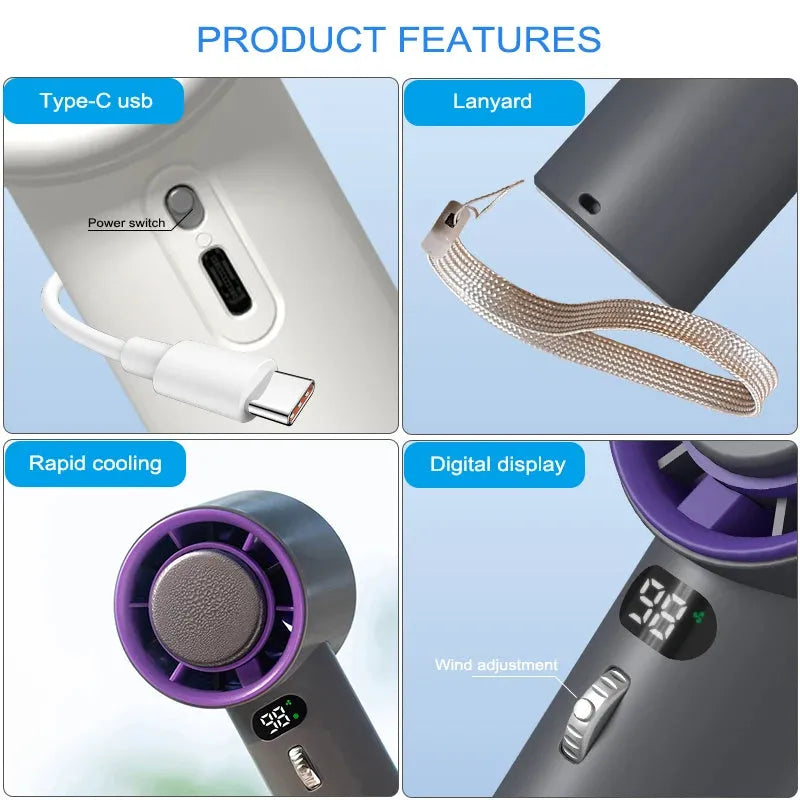 Portable handheld turbo fan with semiconductor refrigeration, 3000mAh battery, adjustable wind speeds, 58x60.5x170mm, white colour option