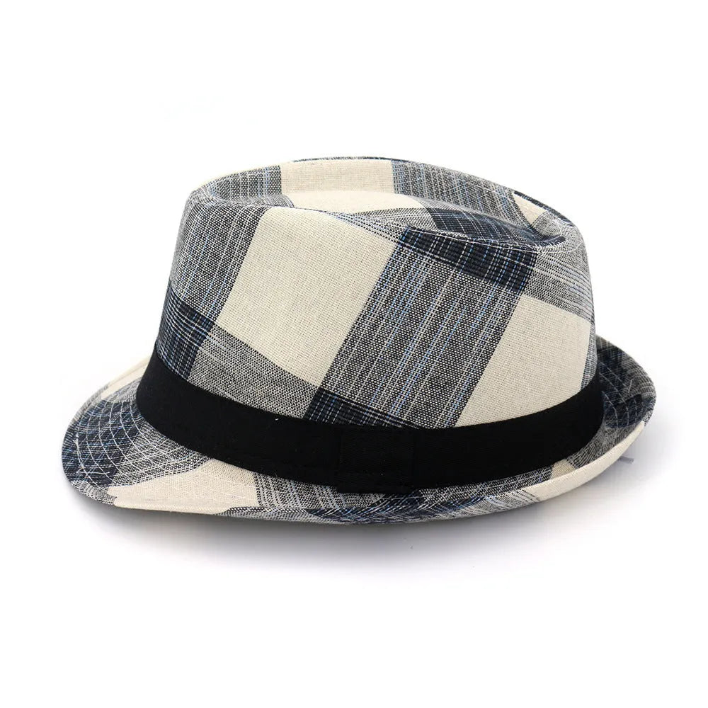 Blue and black polyester straw hat with bell-shaped crown and 4.5cm brim for sun protection