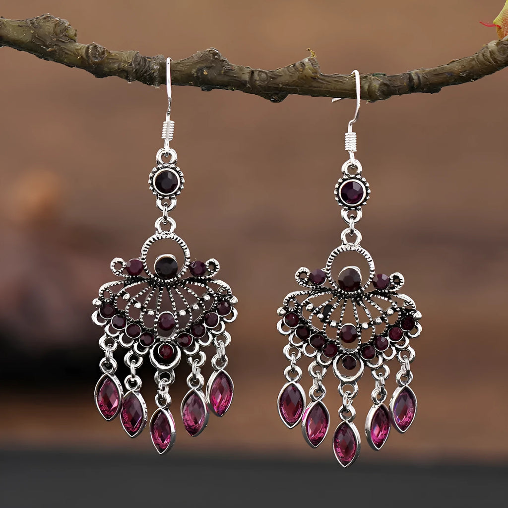 Retro court crystal long fringe earrings in Smart Water Drop Purple colour showing drop shape and ethnic style design