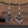 Retro court crystal long fringe earrings in Smart Water Drop Purple colour showing drop shape and ethnic style design