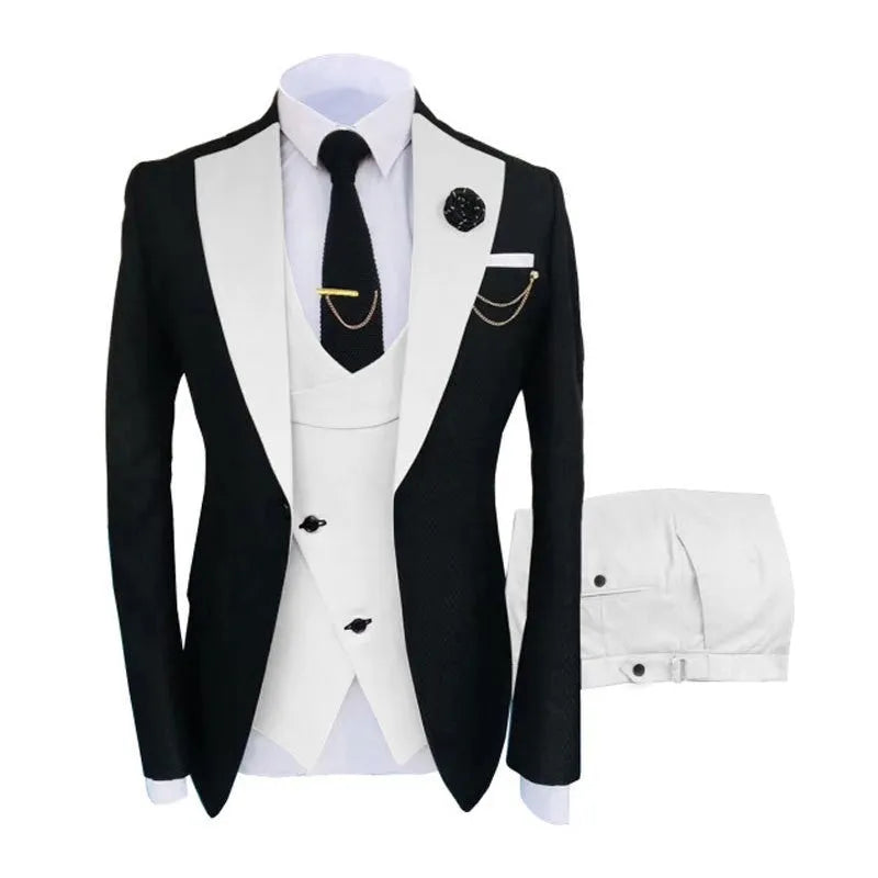 Men's black slim fit three-piece cotton suit with vest and trousers on a hanger.