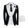 Men's black slim fit three-piece cotton suit with vest and trousers on a hanger.
