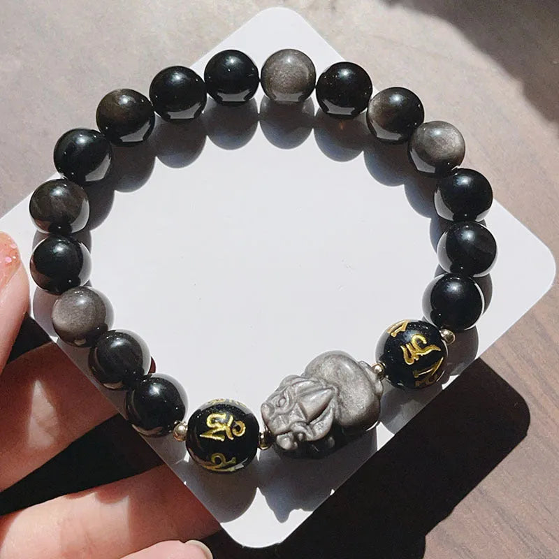 Men's Silver Stone bracelet with zodiac symbols and proverb beading in Chinese style design