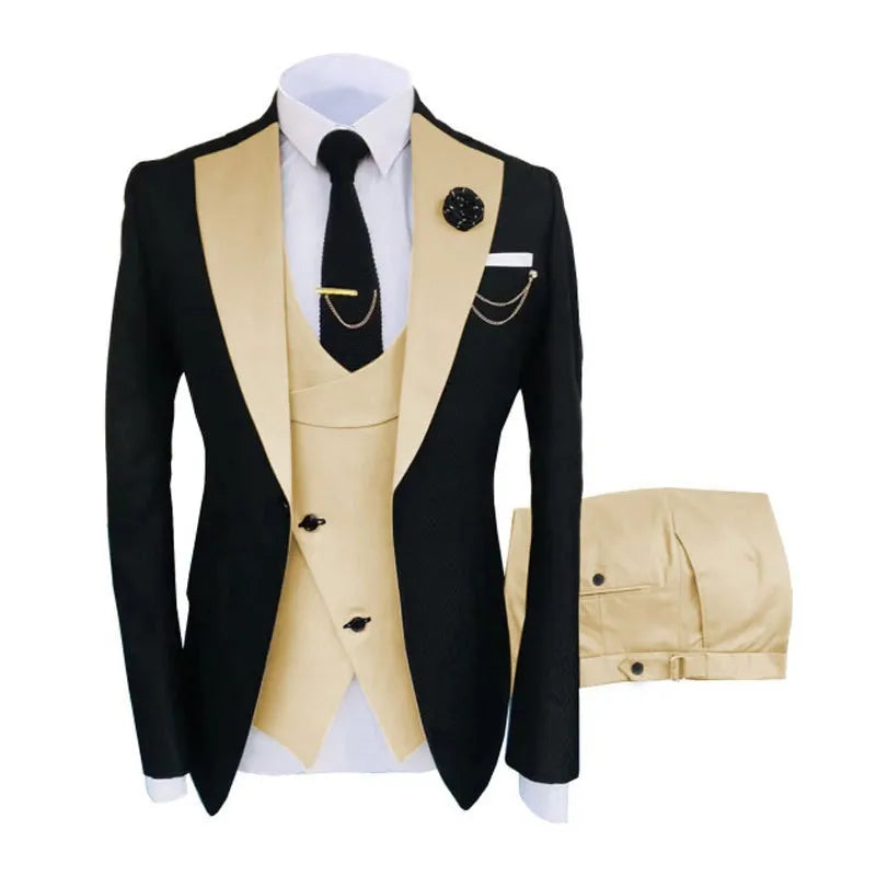 Men's black slim fit three-piece cotton suit with vest and trousers on a hanger.