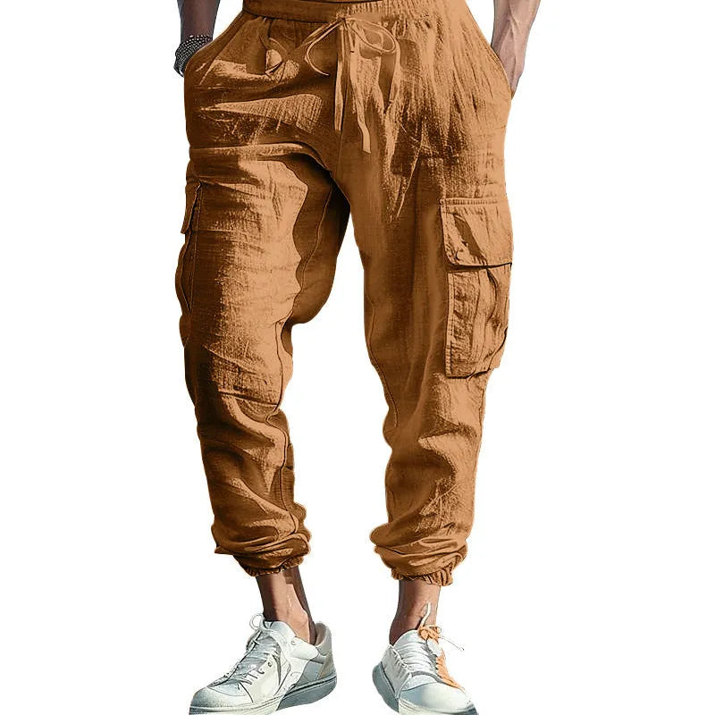 Men's linen casual trousers with elastic drawstring waist and ankle-tied cuffs in solid colours
