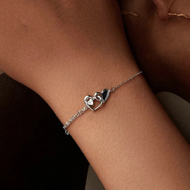 S925 sterling silver double heart bracelet for women in BSB178 colour on white background