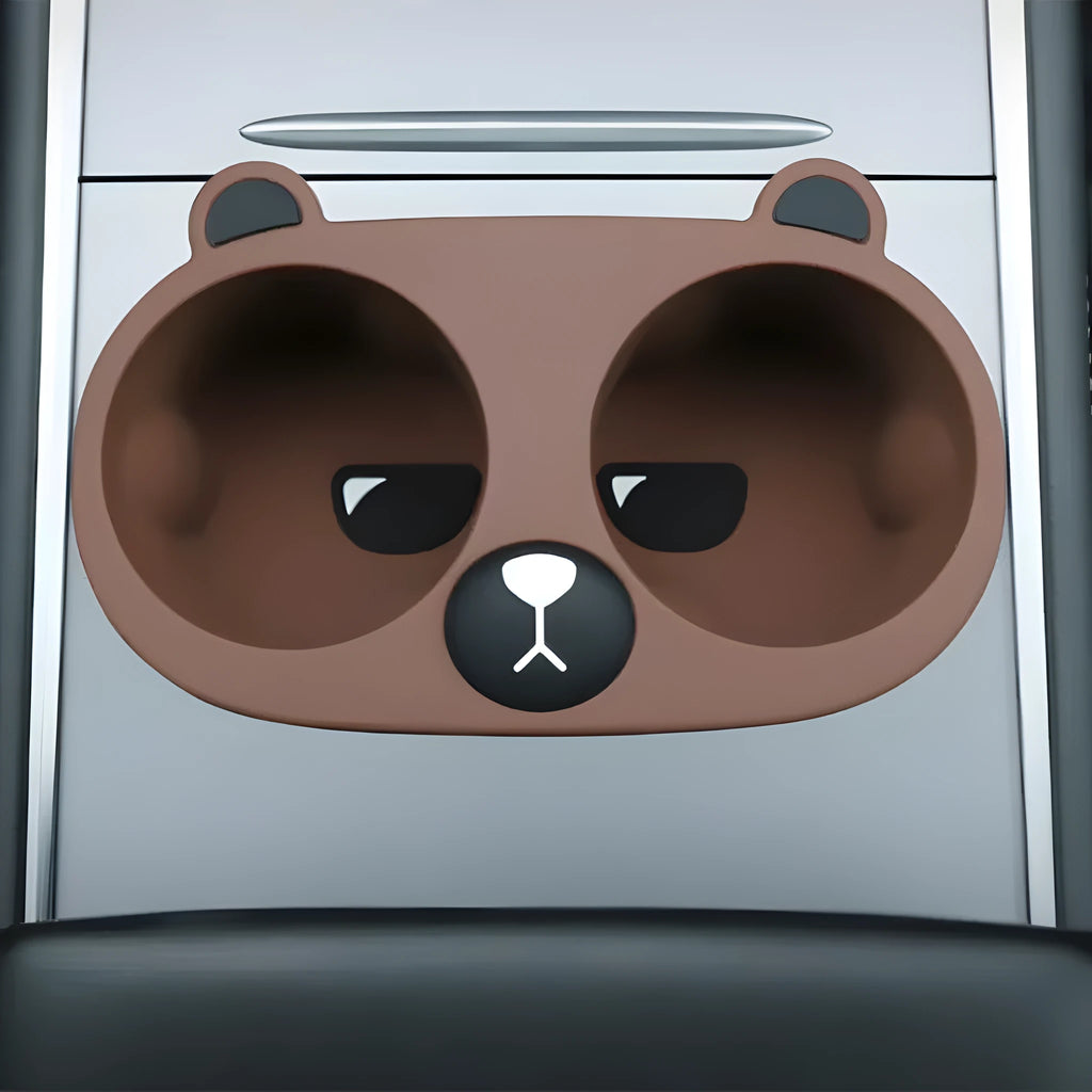 Silicone car cup holder insert in grey colour with cartoon design for reducing drink movement