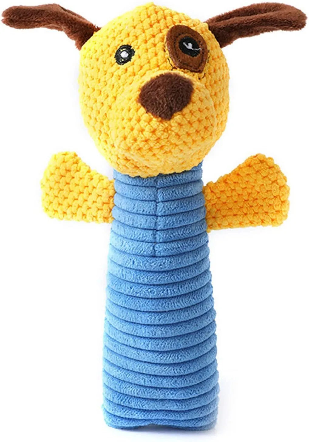 Squeaky stuffed animal dog chew toys in calf, frog and puppy designs measuring 19cm