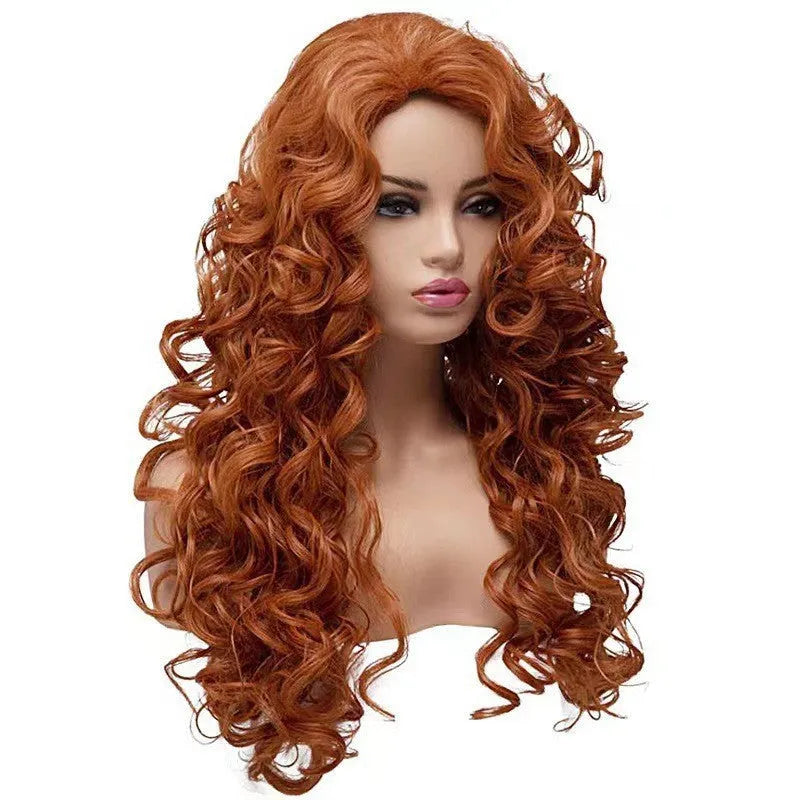 Brown long curly wig with instant noodles texture for Halloween cosplay on wig head