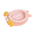 Pink semi-enclosed lobster pet nest with teddy fleece interior and non-slip base on a wood floor